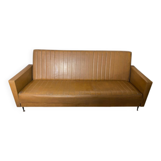 Vintage 60s 70s Brown Faux Leather Sofa Bed with Armrests #D4