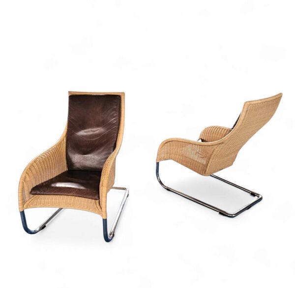 2 x Chaise longue lourde en rotin / cuir marron années 1990 Très bon état