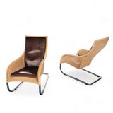 2 x Weighty rattan lounge chair / brown leather 1990s  Very good condition