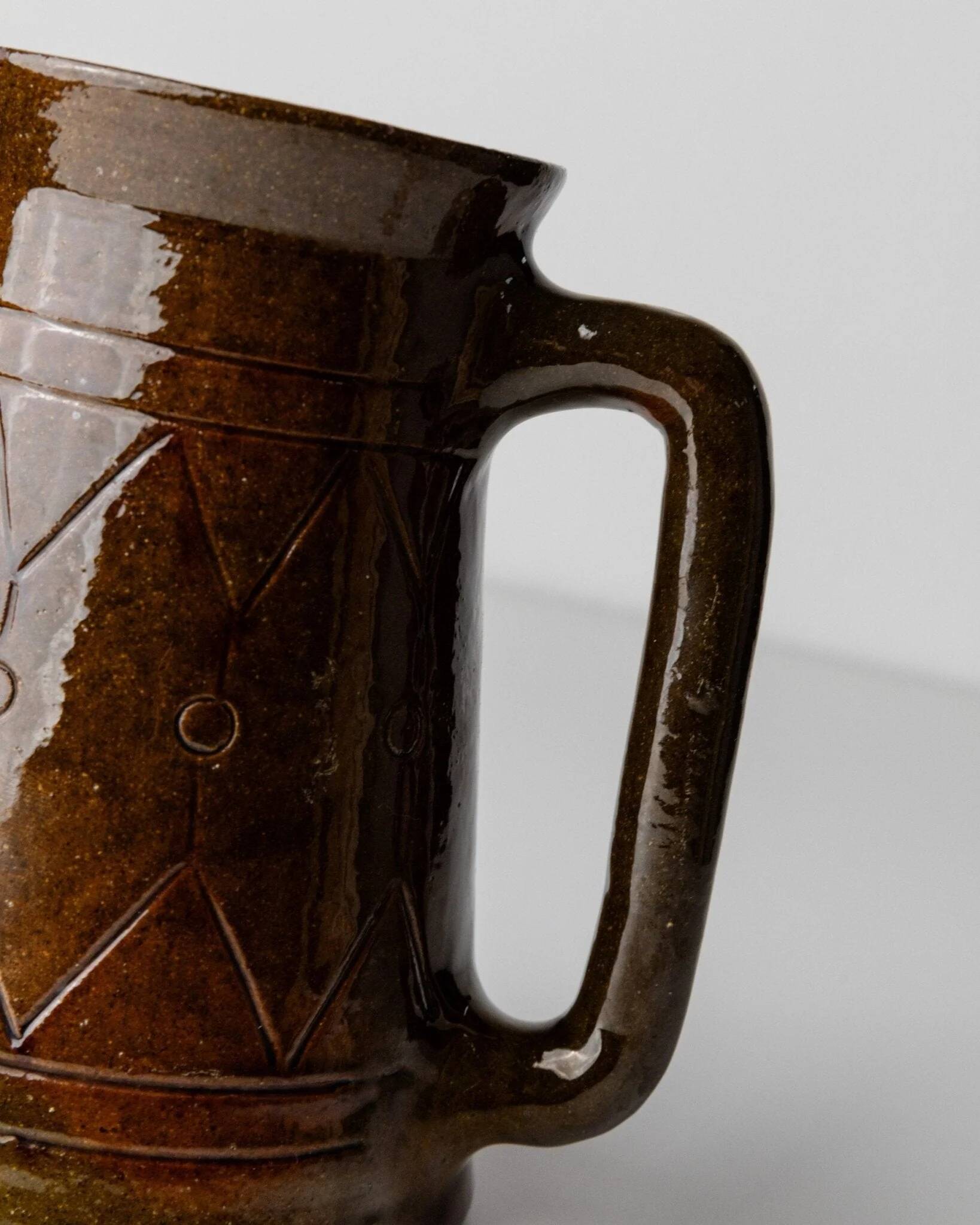 Vintage ceramic pitcher or vase with handle by Urbano Fontana, relief, brown glaze, Italy 1970s.