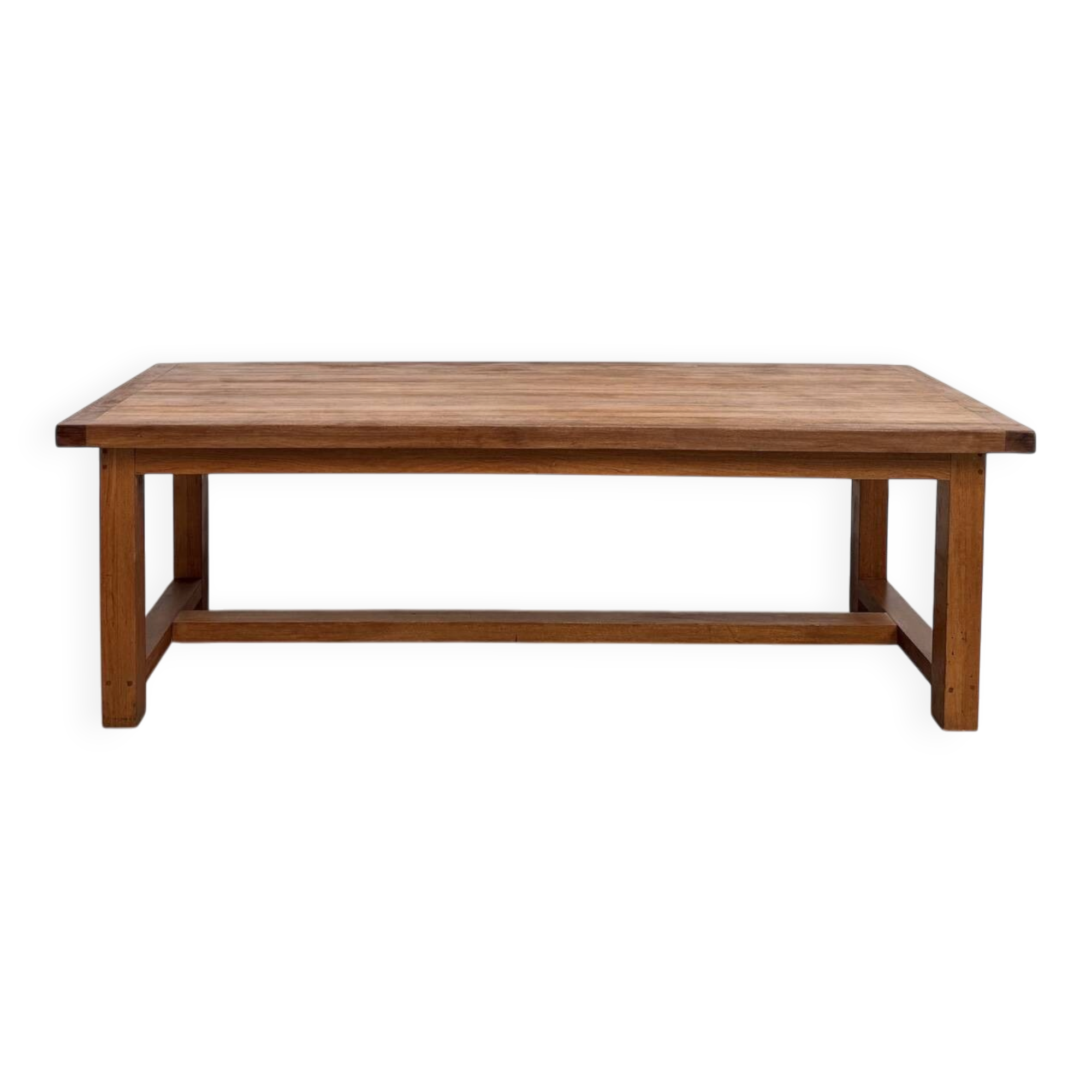 Large modernist farmhouse table in solid beech, thick dowelled top.