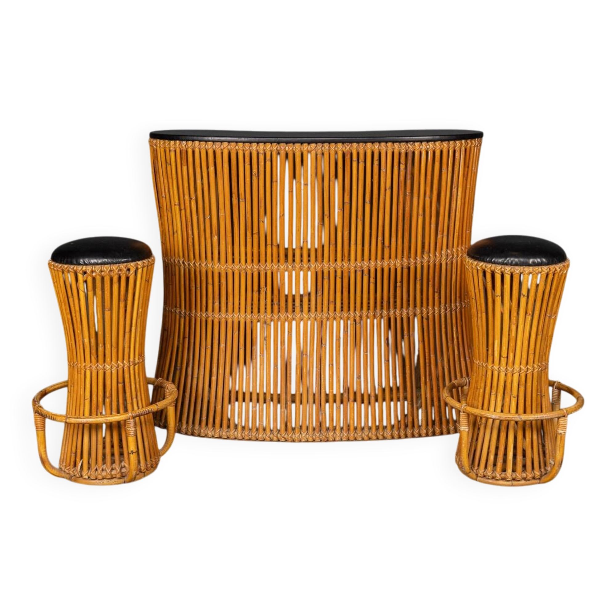 Striking 20thc italian standing bamboo dry bar & stools c.1960