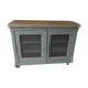 Vintage buffet on grey green wheels, 2 glass doors, wooden tray.
