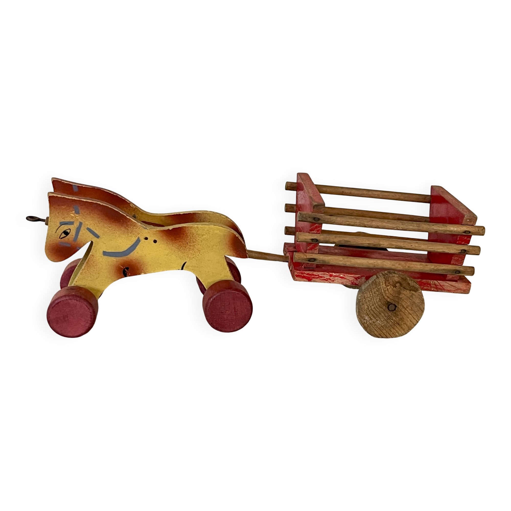 Wooden pull toy, double carriage and cart, antique toy