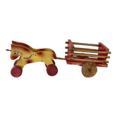 Wooden pull toy, double carriage and cart, antique toy