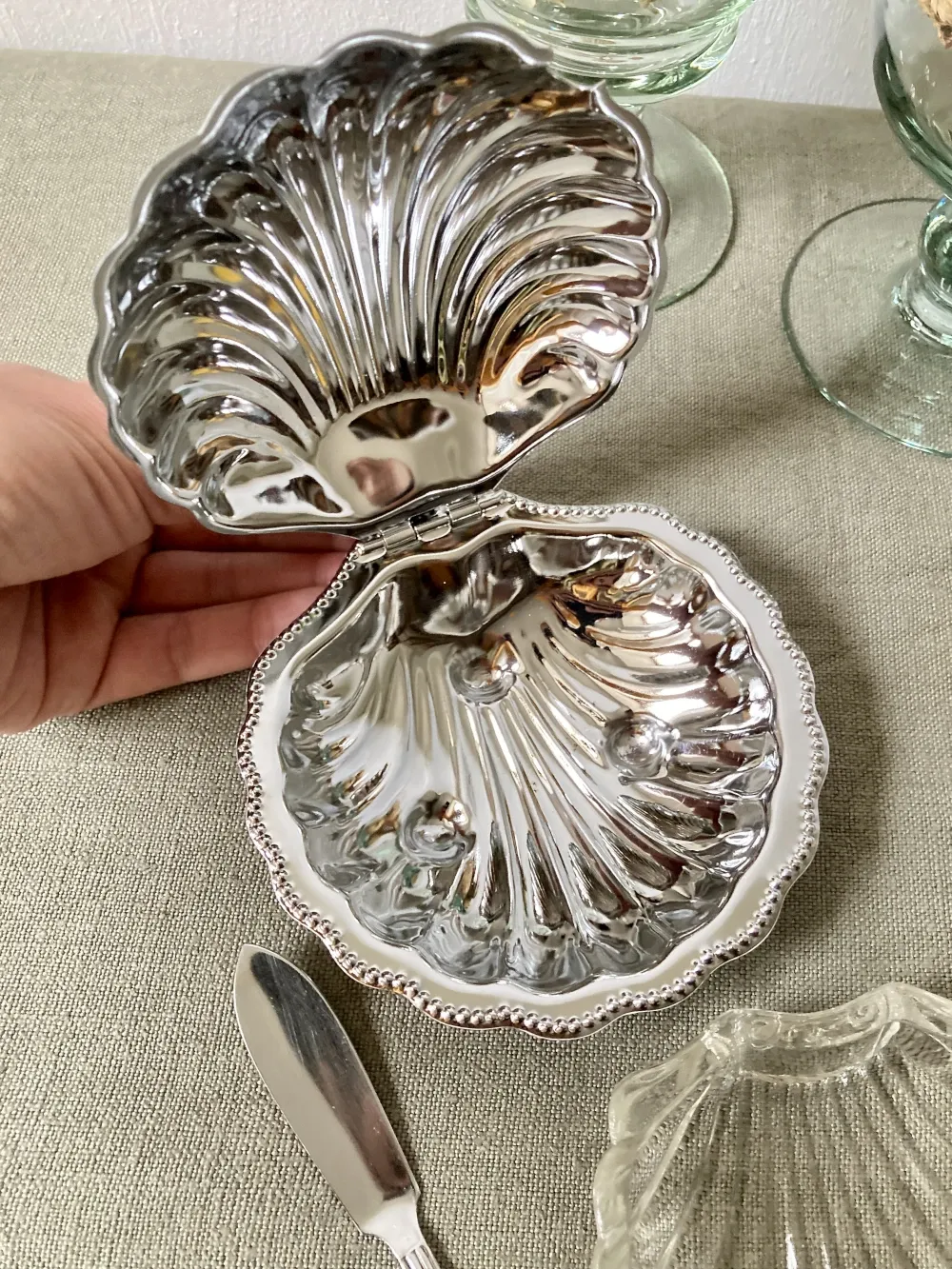 Metal shell butter dish with glass bowl and knife