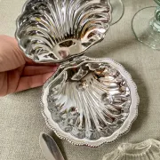 Metal shell butter dish with glass bowl and knife