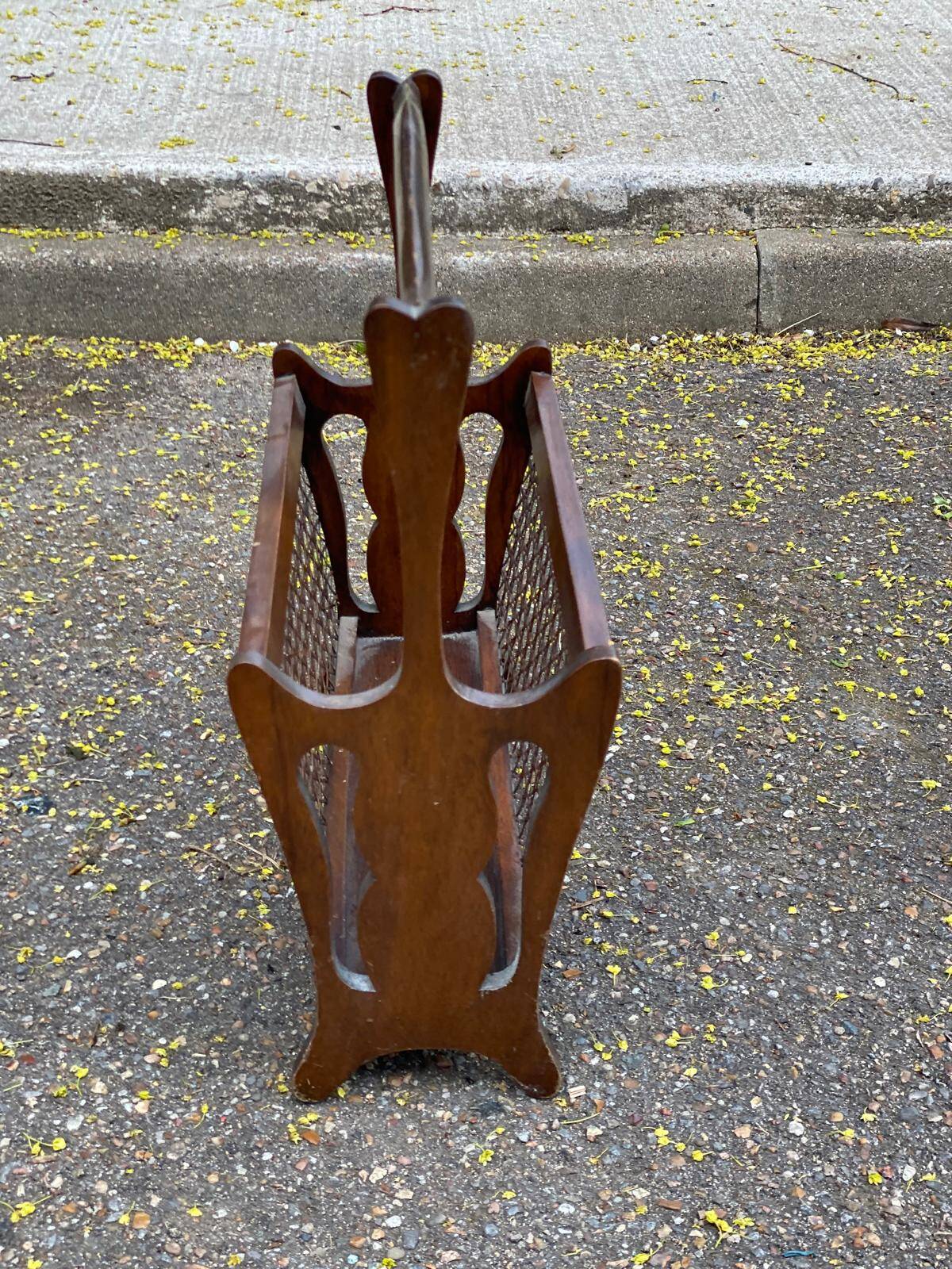 Vintage magazine rack, solid wood and cane document holder.