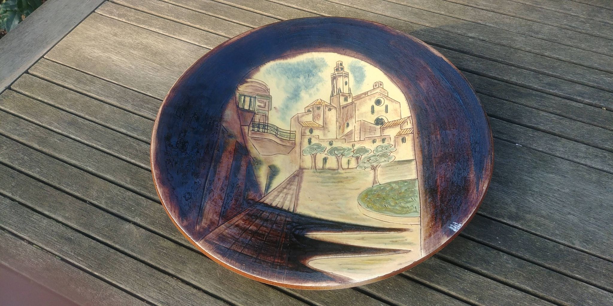 Grand plat/coupe à fruit  en céramique vernissée signé au dos " Puigdemont " années 60/70
