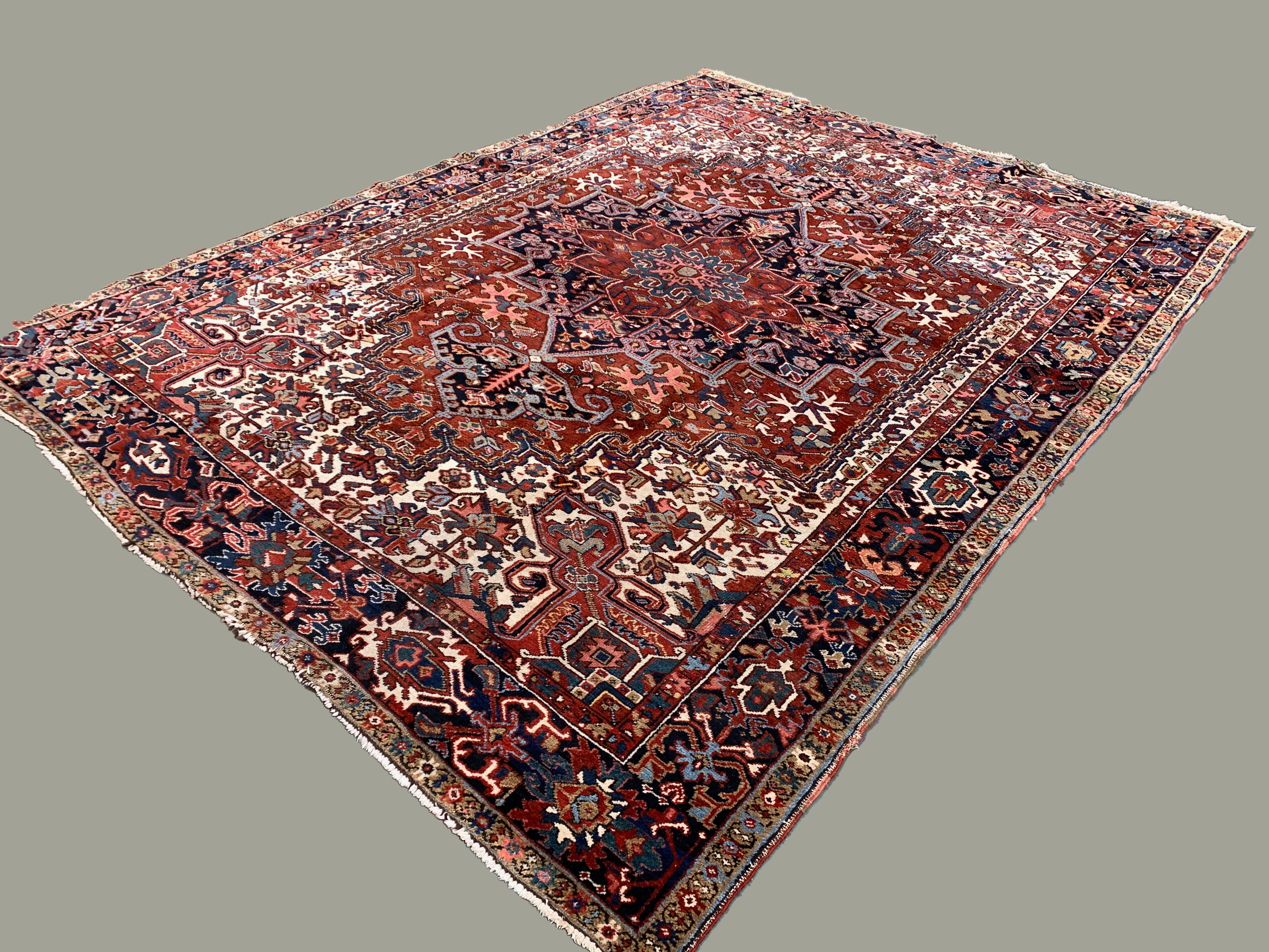 Antique heriz rug 353x263 cm wool oriental hand made carpet red, brown, blue