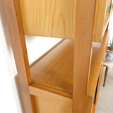 Vintage wooden showcase with sliding doors and white handles