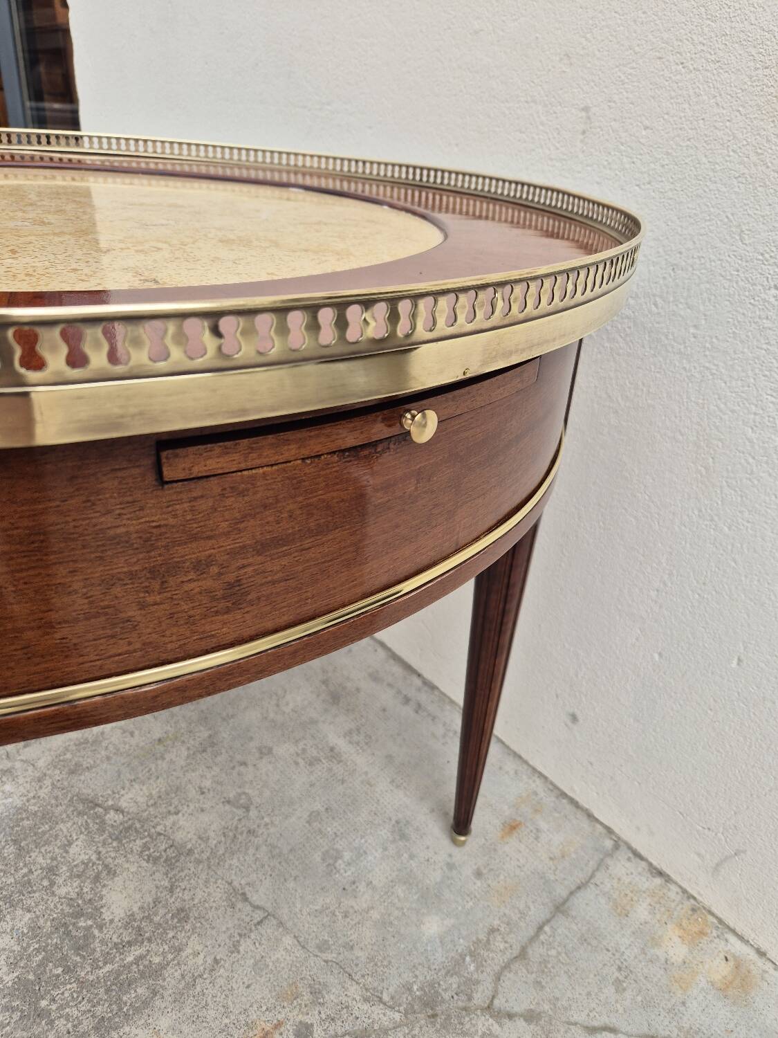 Louis XVI style mahogany bouillotte table in marquetry and bronze