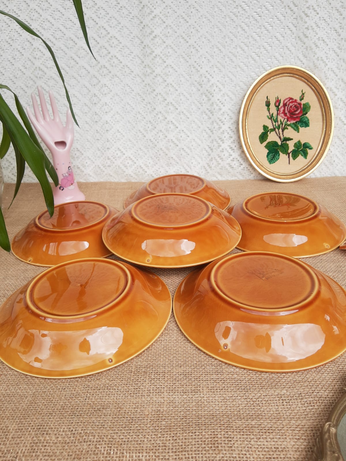 Set of 6 hollow plates Longchamp France mustard - vintage
