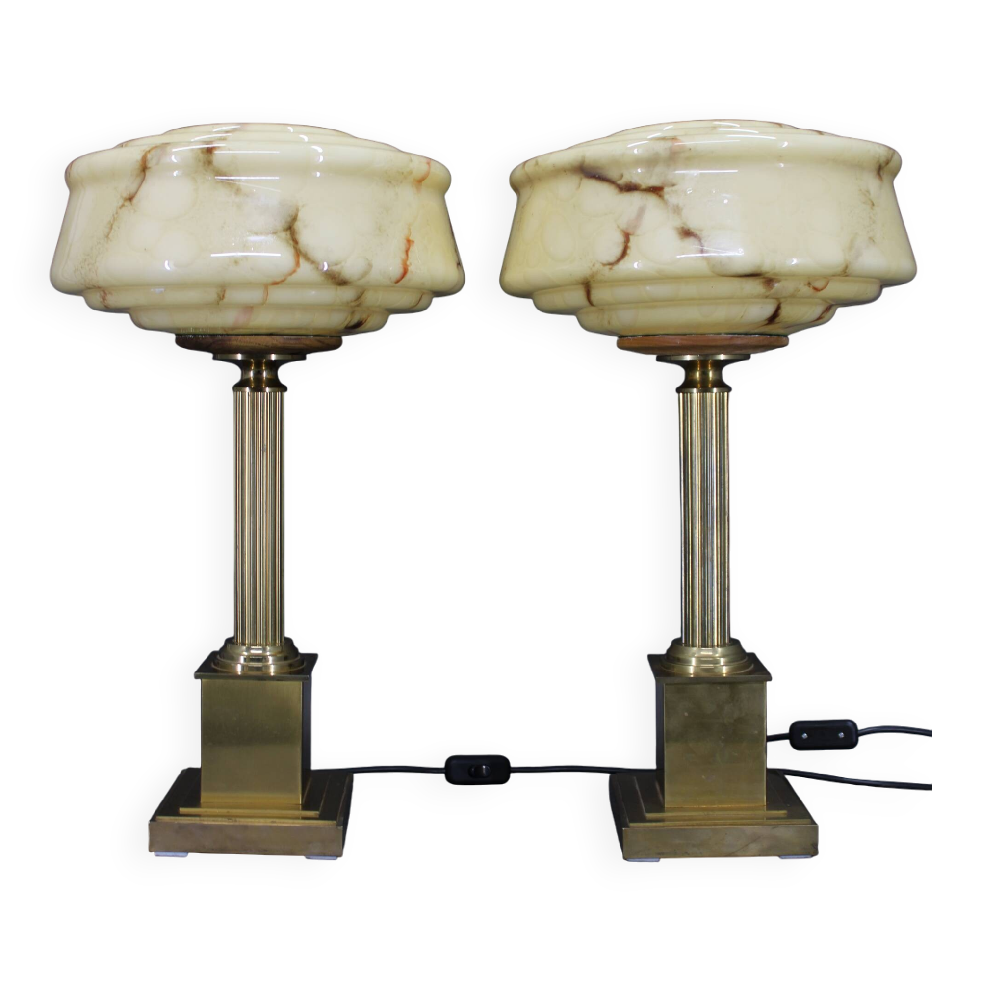1940s Pair of Italian Restored Brass Table Lamps with Glass Shades