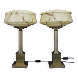 1940s Pair of Italian Restored Brass Table Lamps with Glass Shades