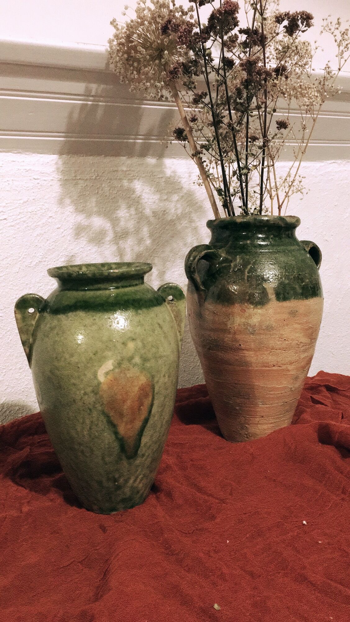 Duo de jarres terre cuite vernissées verte