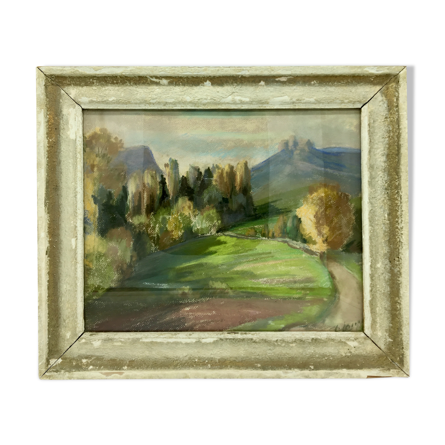 Table countryside landscape year 1970 signed