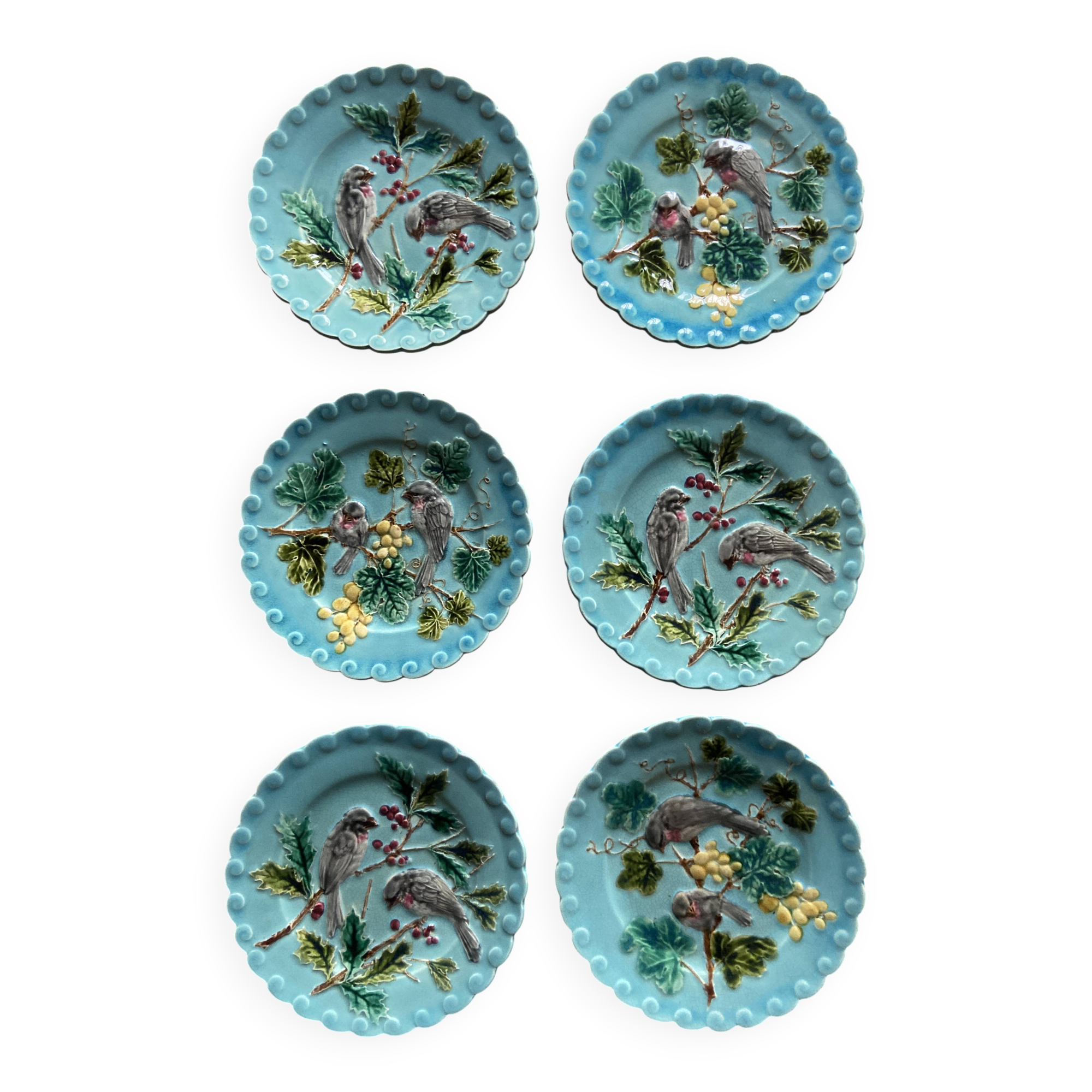 Set of 6 Barbotine Plates Sarreguemines Turquoise - Birds & Fruit