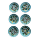 Set of 6 Barbotine Plates Sarreguemines Turquoise - Birds & Fruit