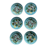 Lot de 6 Assiettes Barbotine Sarreguemines Turquoise - Oiseaux & Fruit
