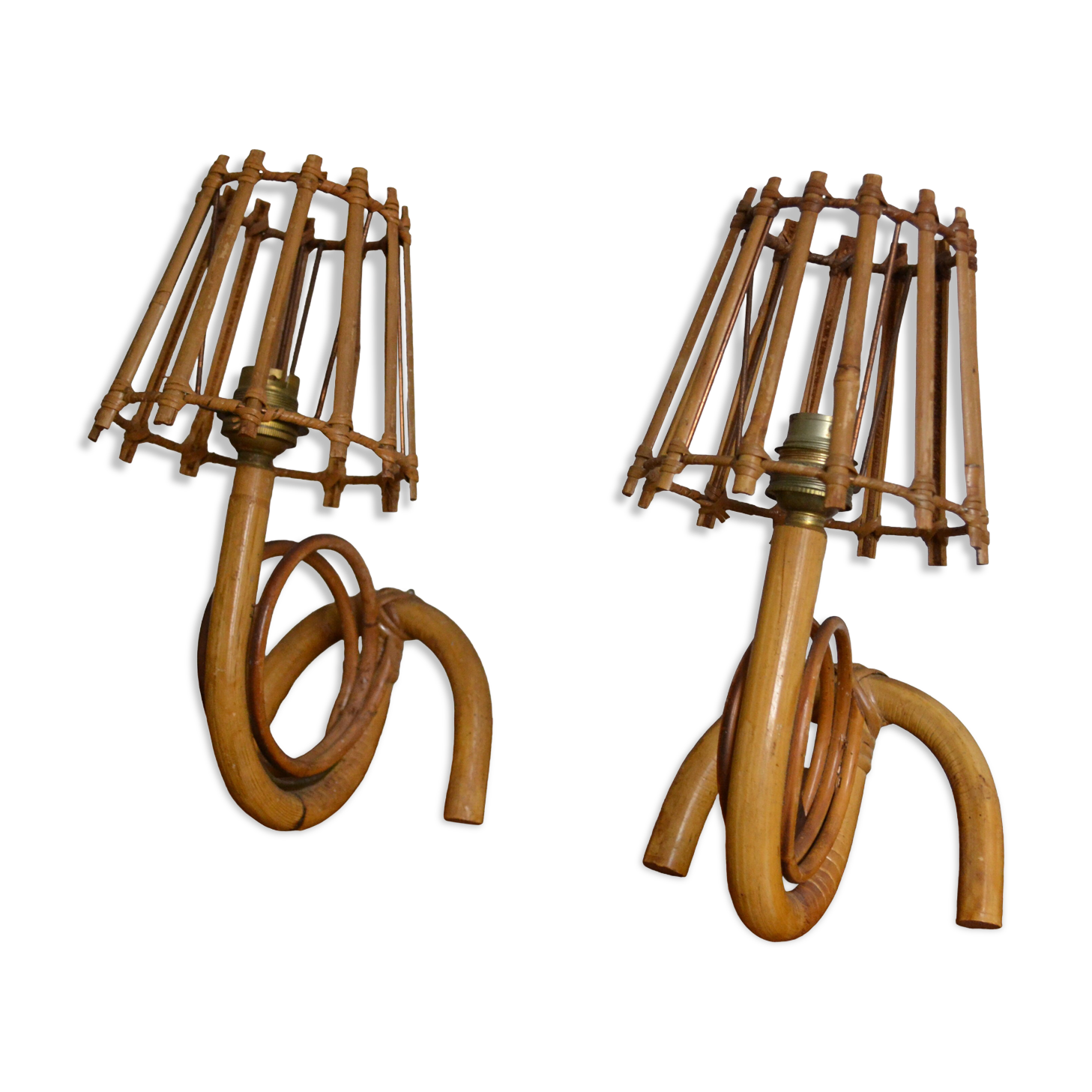 Pair of rattan wall lamps 70s Louis Sognot