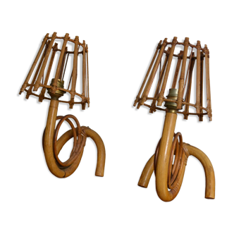 Pair of rattan wall lamps 70s Louis Sognot