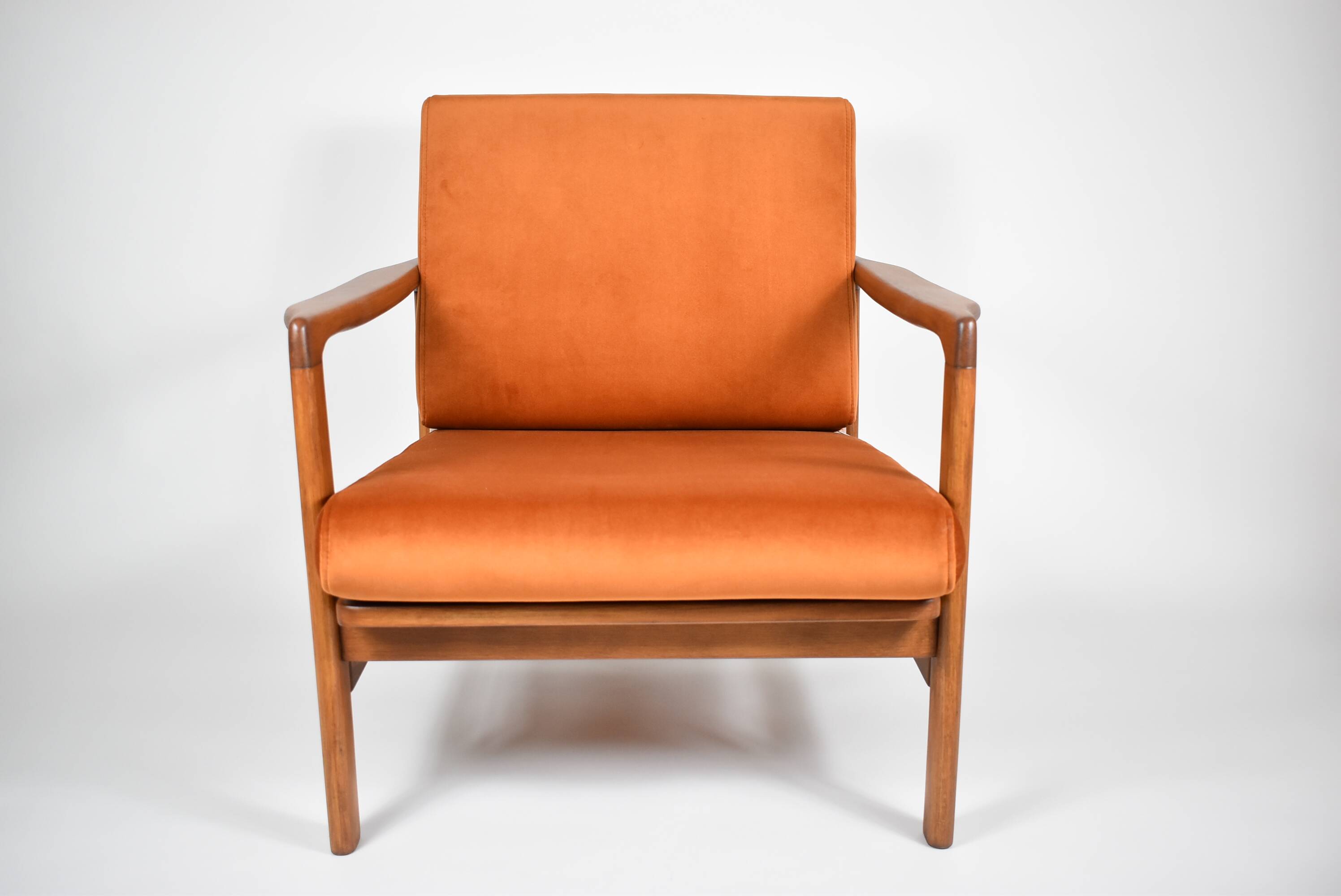 Fauteuil scandinave d'origine restauré, années 60, rouille, velours