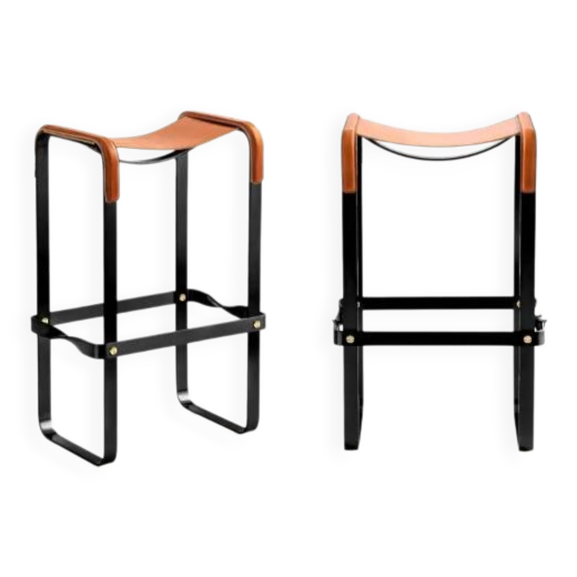 Pair of stools without a backrest in tobacco colour and black metal.