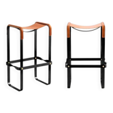 Pair of stools without a backrest in tobacco colour and black metal.