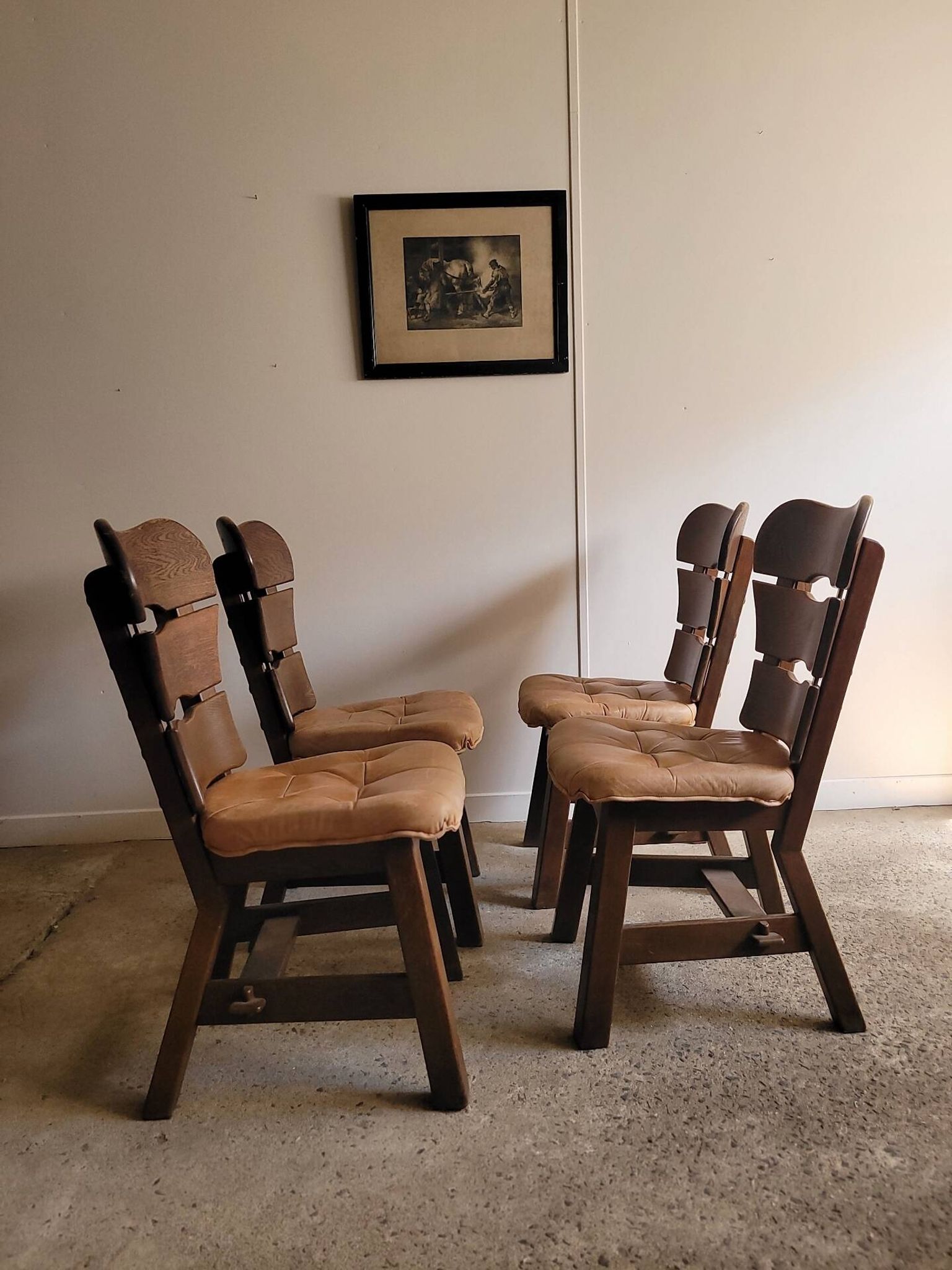 Set of 4 brutalist wooden chairs