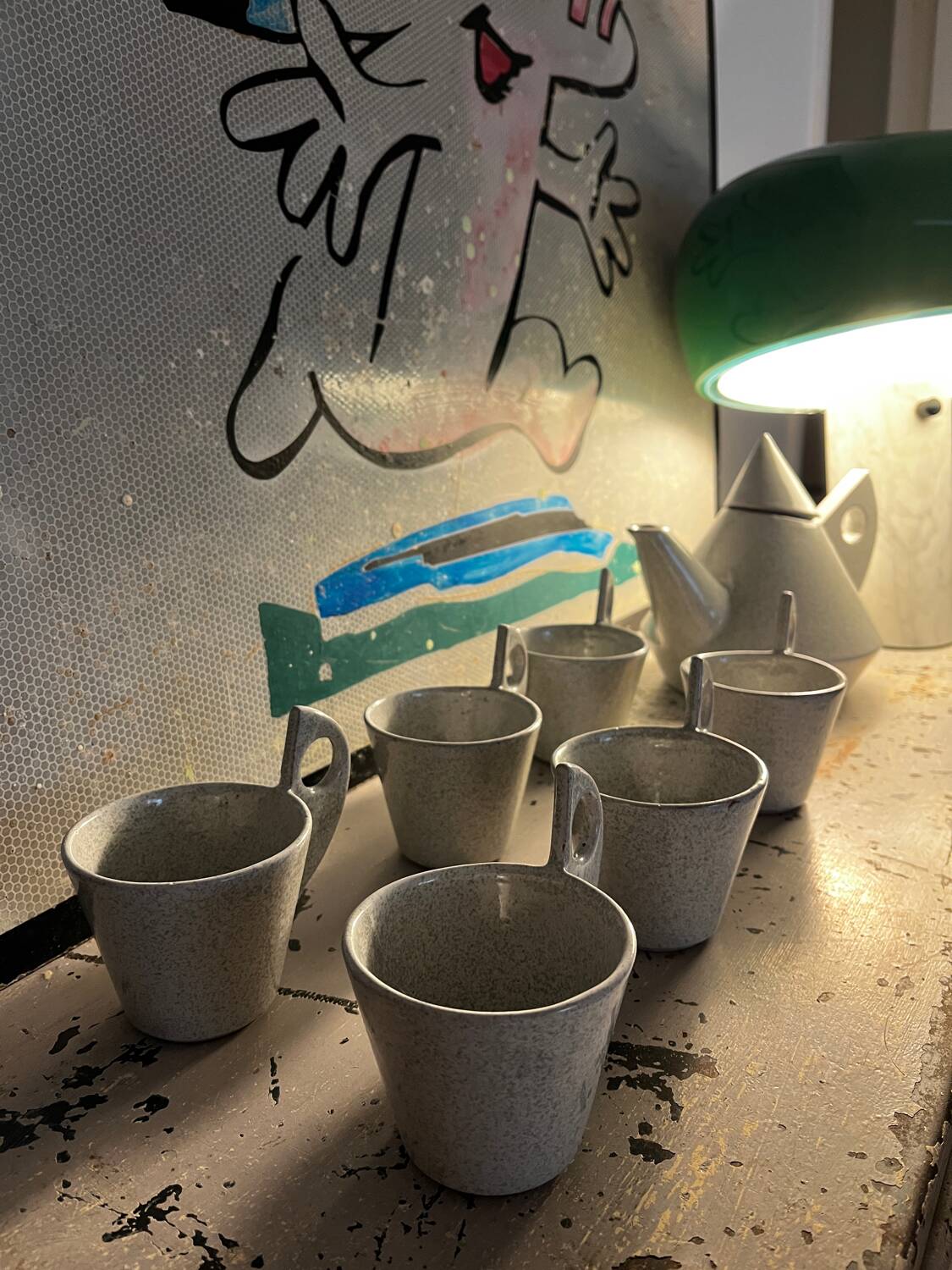 80s/90s design tea set, speckled ceramic, teapot + 6 cups.