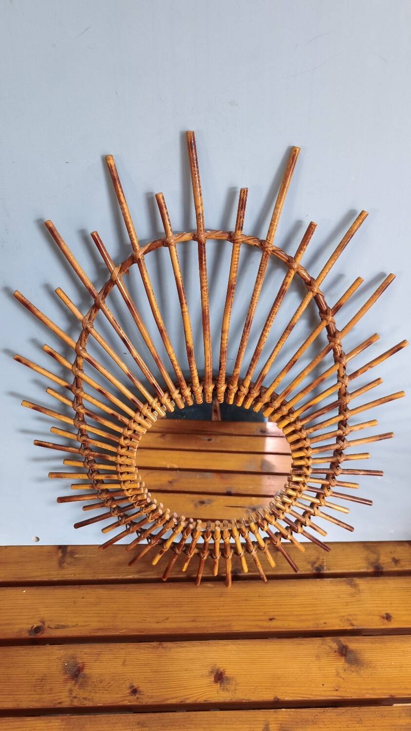 Asymmetrical sun mirror in rattan - vintage 1960s