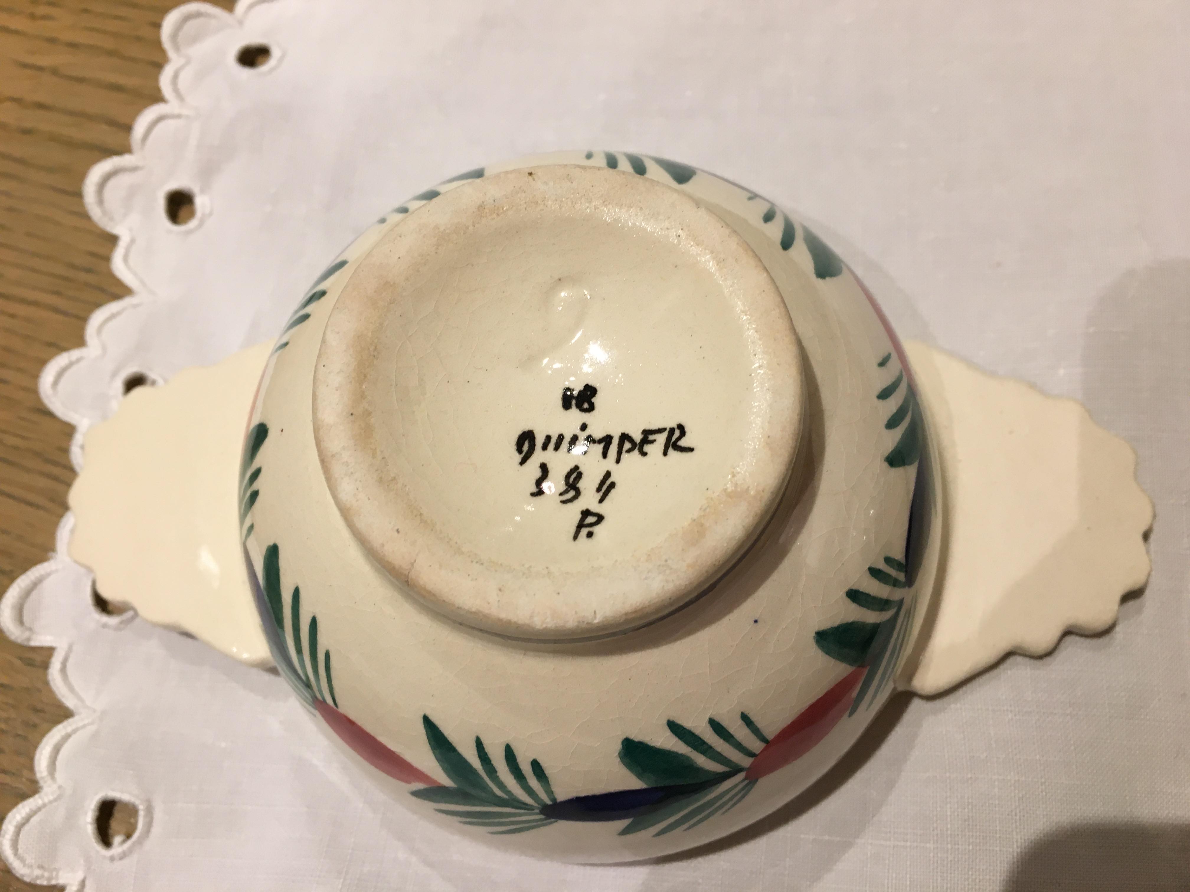 2 Ancient Ear Bowls (1950) - Hand-painted Quimper Ceramics