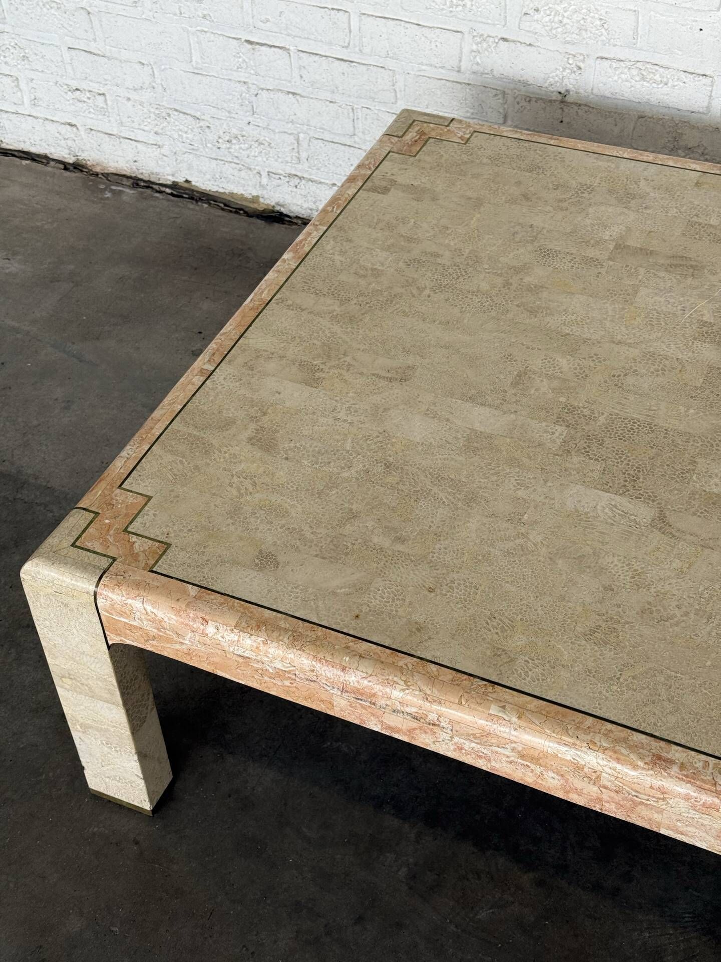 Tessellated Stone & Brass Inlay Coffee Table — Mission Furniture, 1989