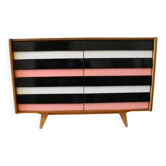 Enfilade U453 in wood by Jiří Jiroutek — lacquered black, white, and pink façades, 1960s