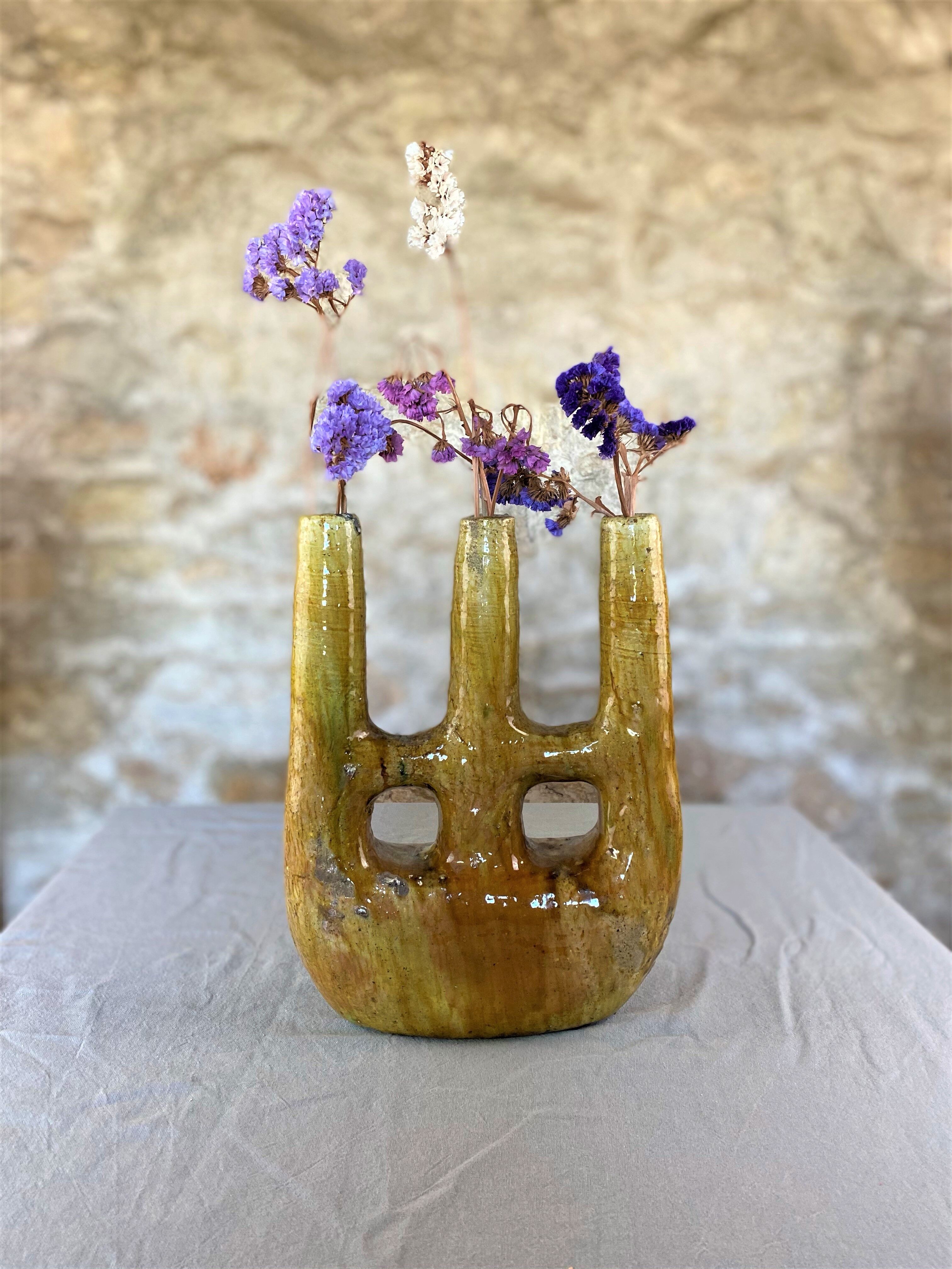 Enamelled terracotta candle holder