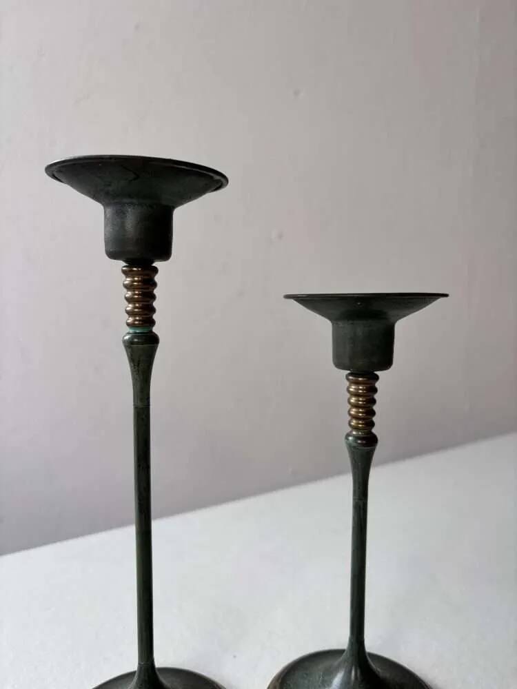 Set of two green bronze Italian candlesticks from the 1980s.