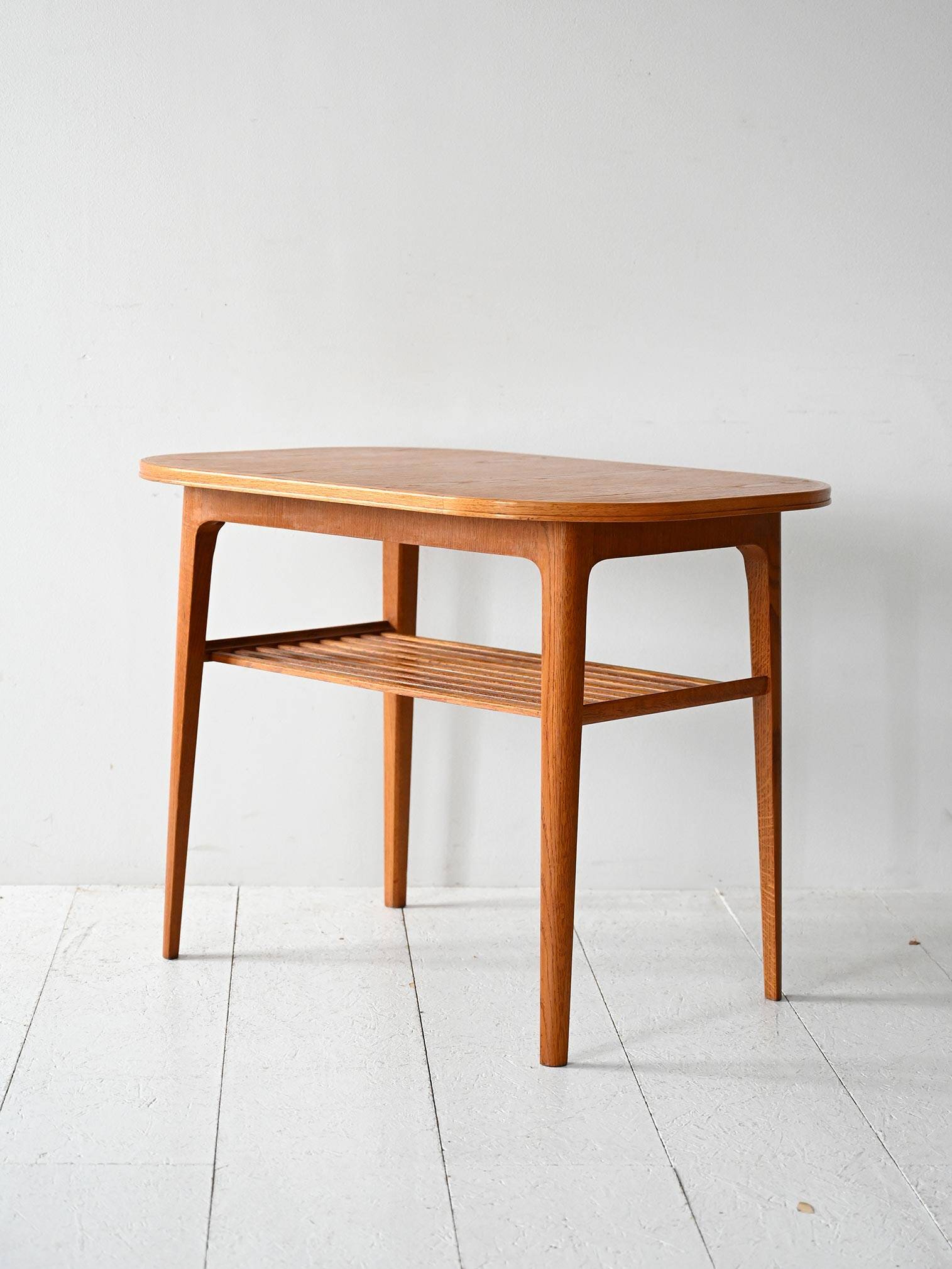 1960s Scandinavian oak coffee table with slatted shelf