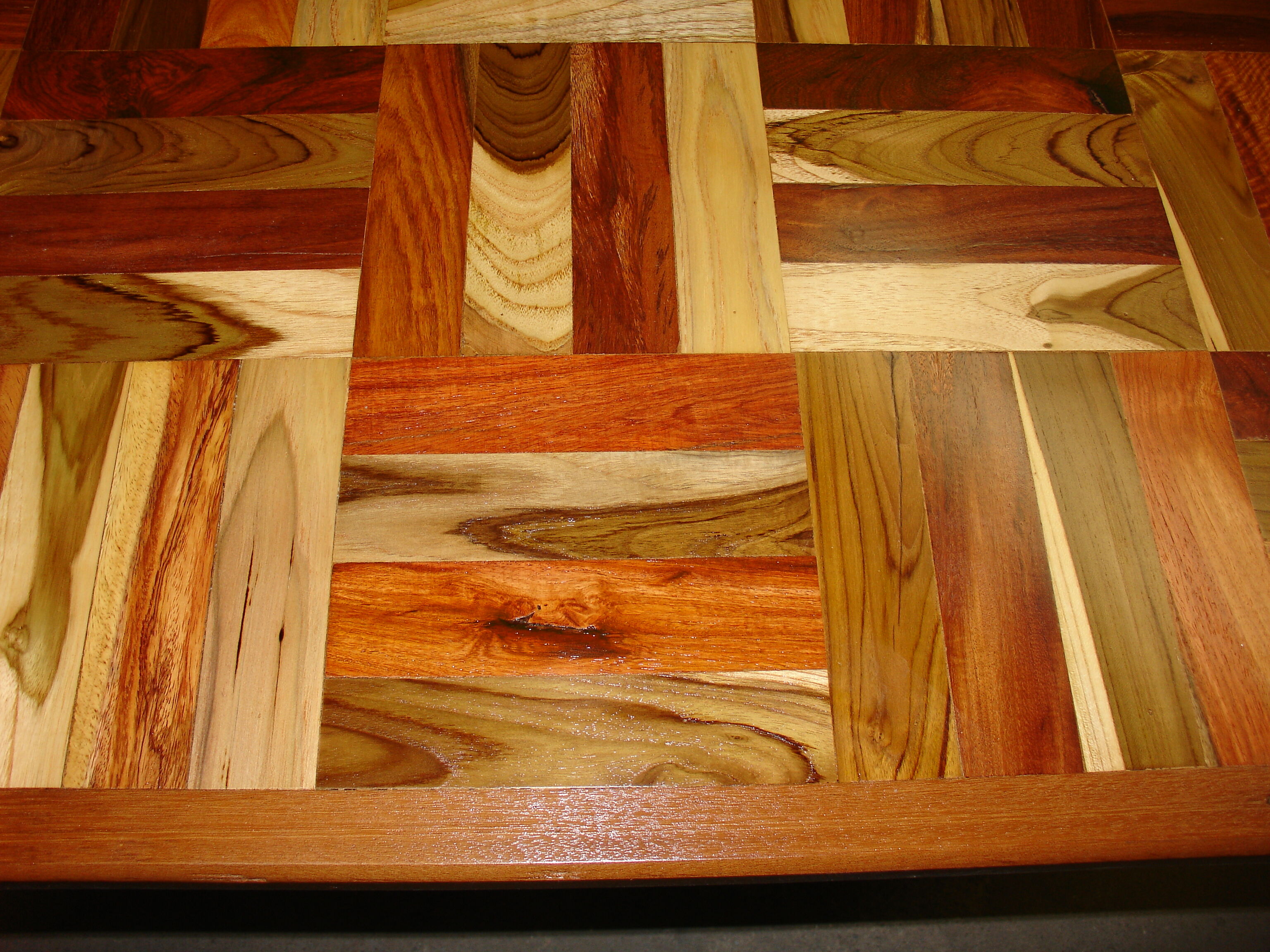 Square table in solid wood mosaic with chrome base, circa 1970