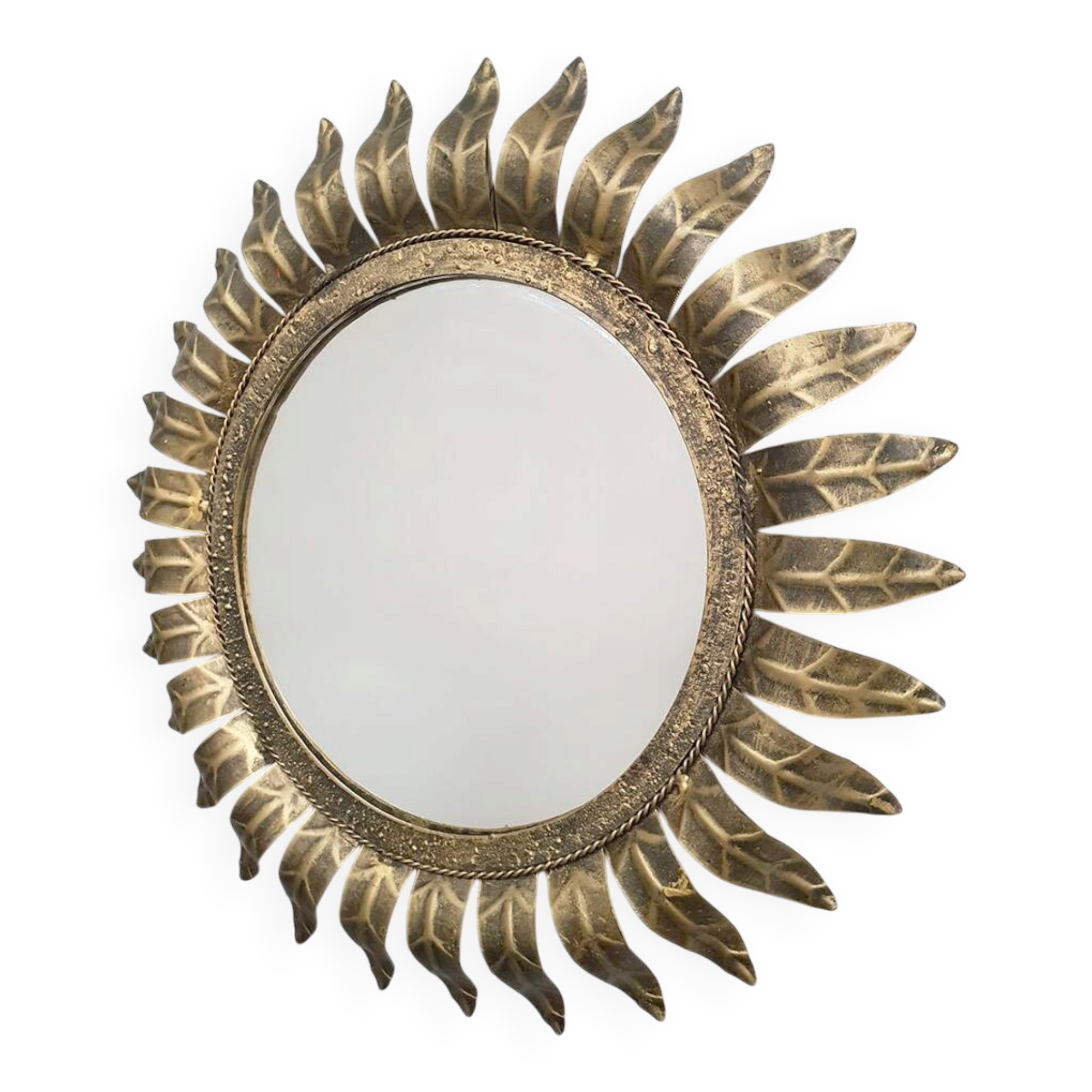 Midcentury French gold gilded leaf sunburst mirror
