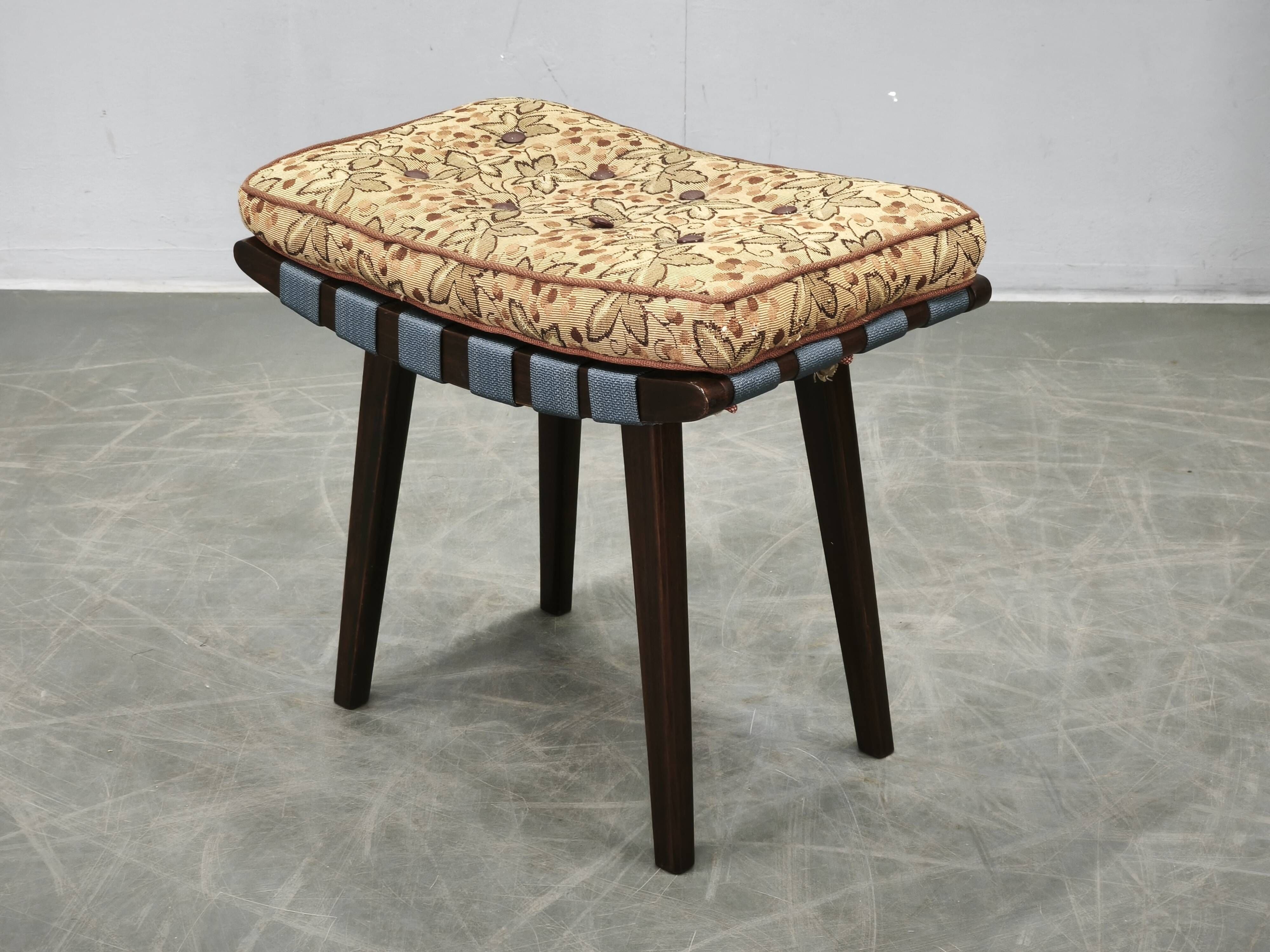 TON Mid-Century Beech Stool with Original Cushion, Czechoslovakia, circa 19