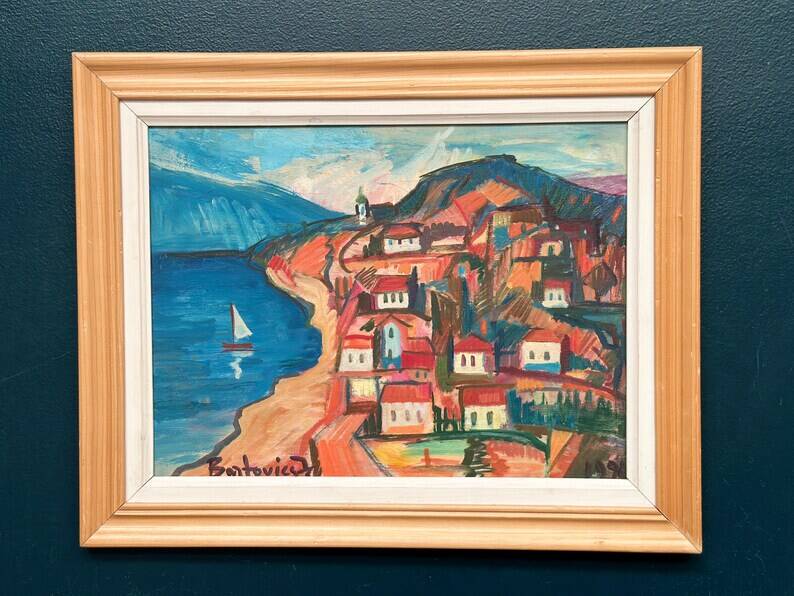 Original Swedish Oil on Panel – “Coastal Town” by Bartovicz 71 – Vintage & Framed – 51 × 41 cm (20" x 16.1")