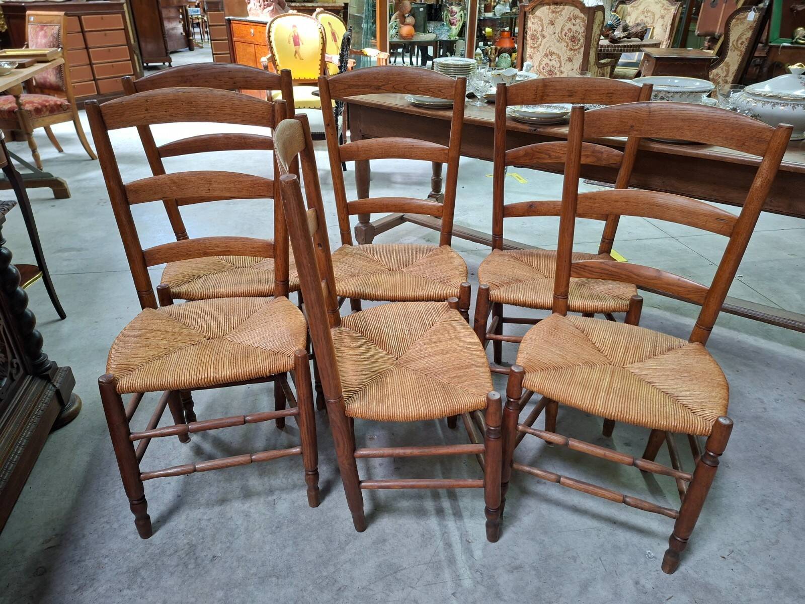 Set of six rustic chairs in natural wood with straw seats.