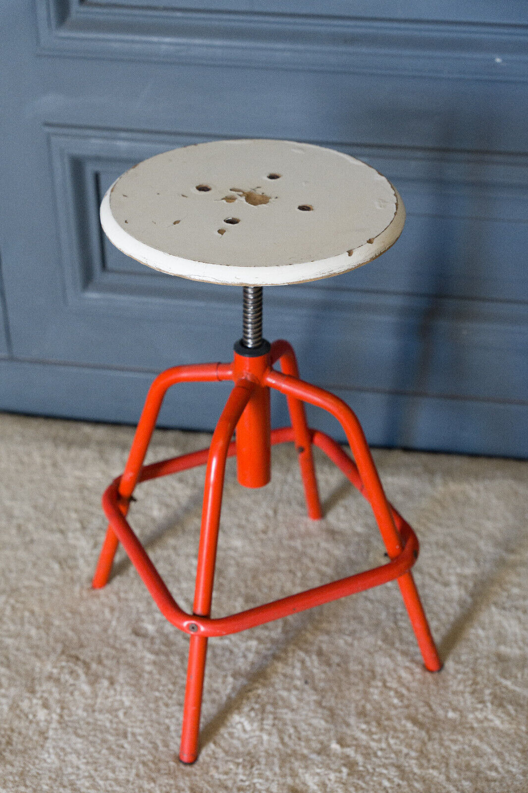Screw stool red ironwork 1960 wooden seat