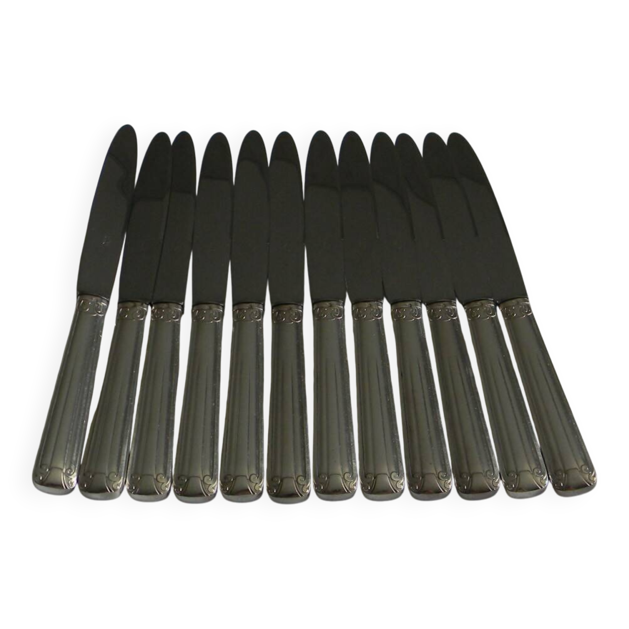 Set of 12 DIXI Art Deco silver metal handle knives.