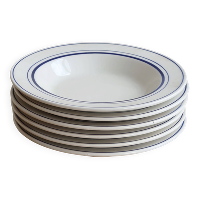 6 assiettes creuses vintage style bistrot porcelaine bleue et blanche