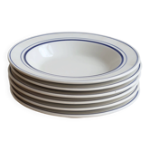6 vintage bistro-style deep plates in blue and white porcelain