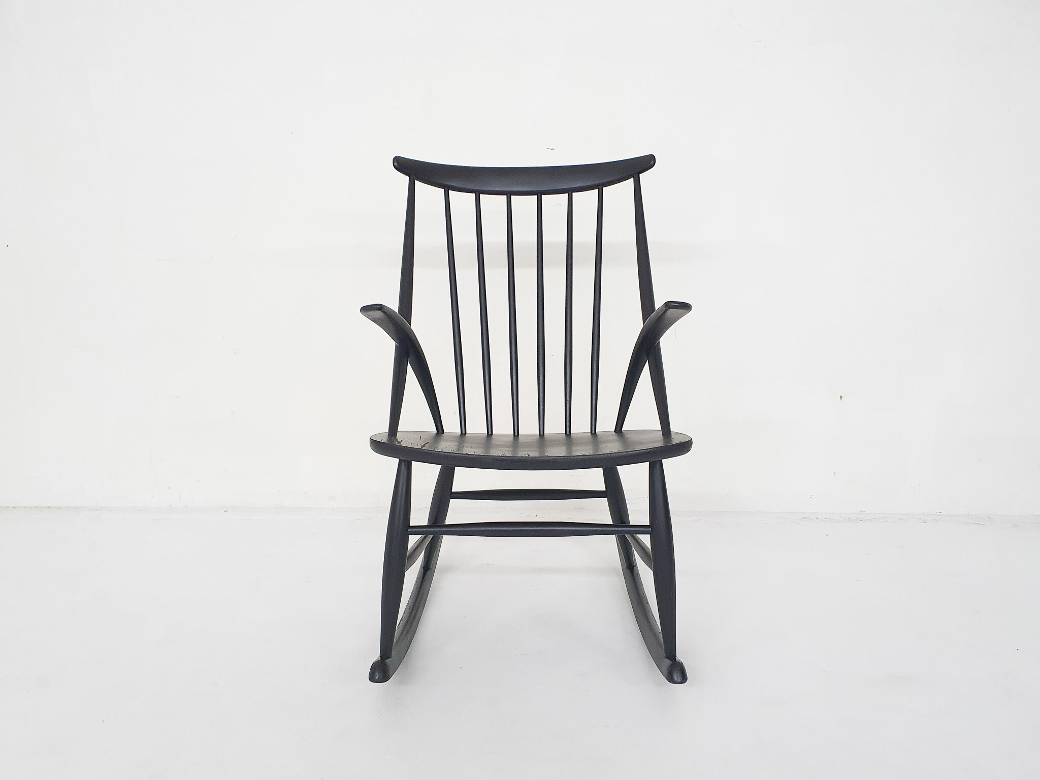 Black wooden rocking chair by Illum Wikkelso for Niels Eilersen model IW3, Denmark 1958