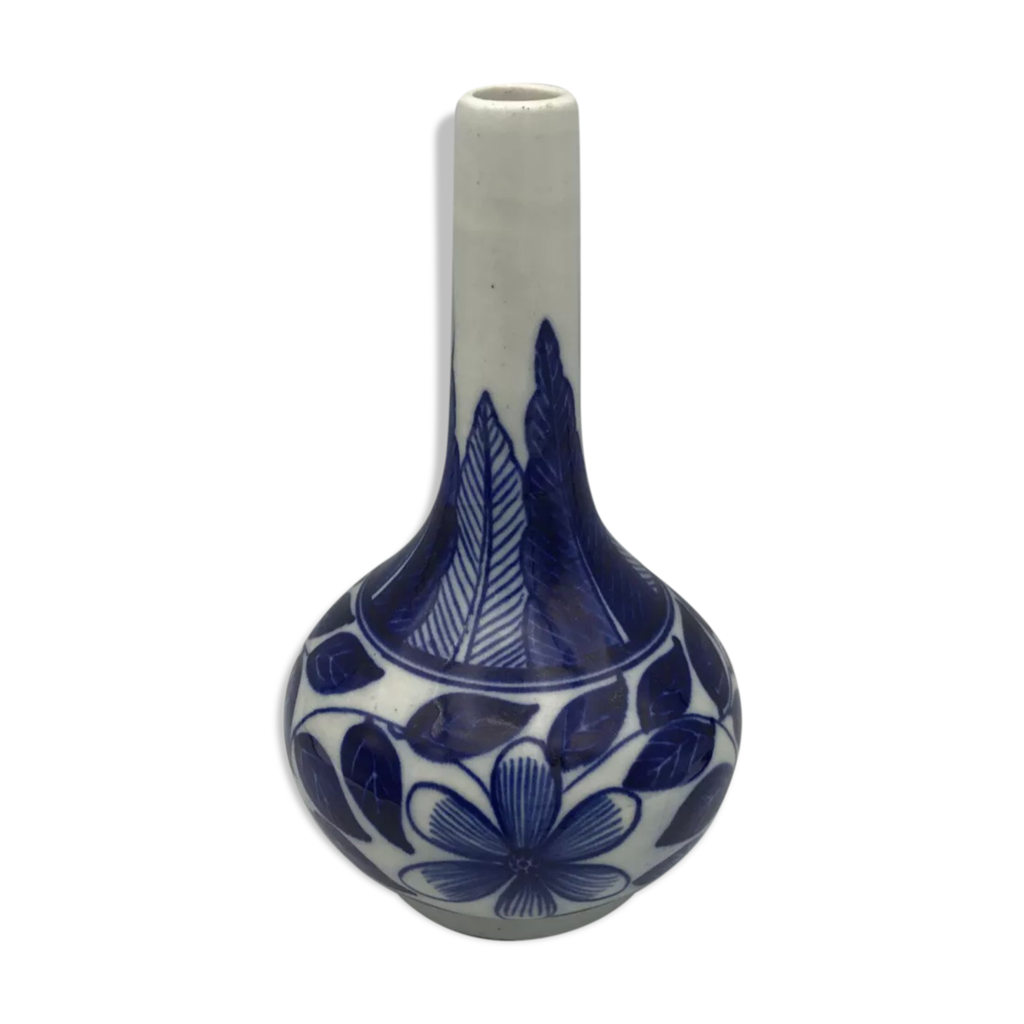 Old vase soliflore porcelain with floral decoration blue asia 18 cm