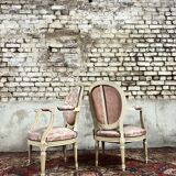 Pair of louis xvi style cream lacquered wood medallion back armchairs